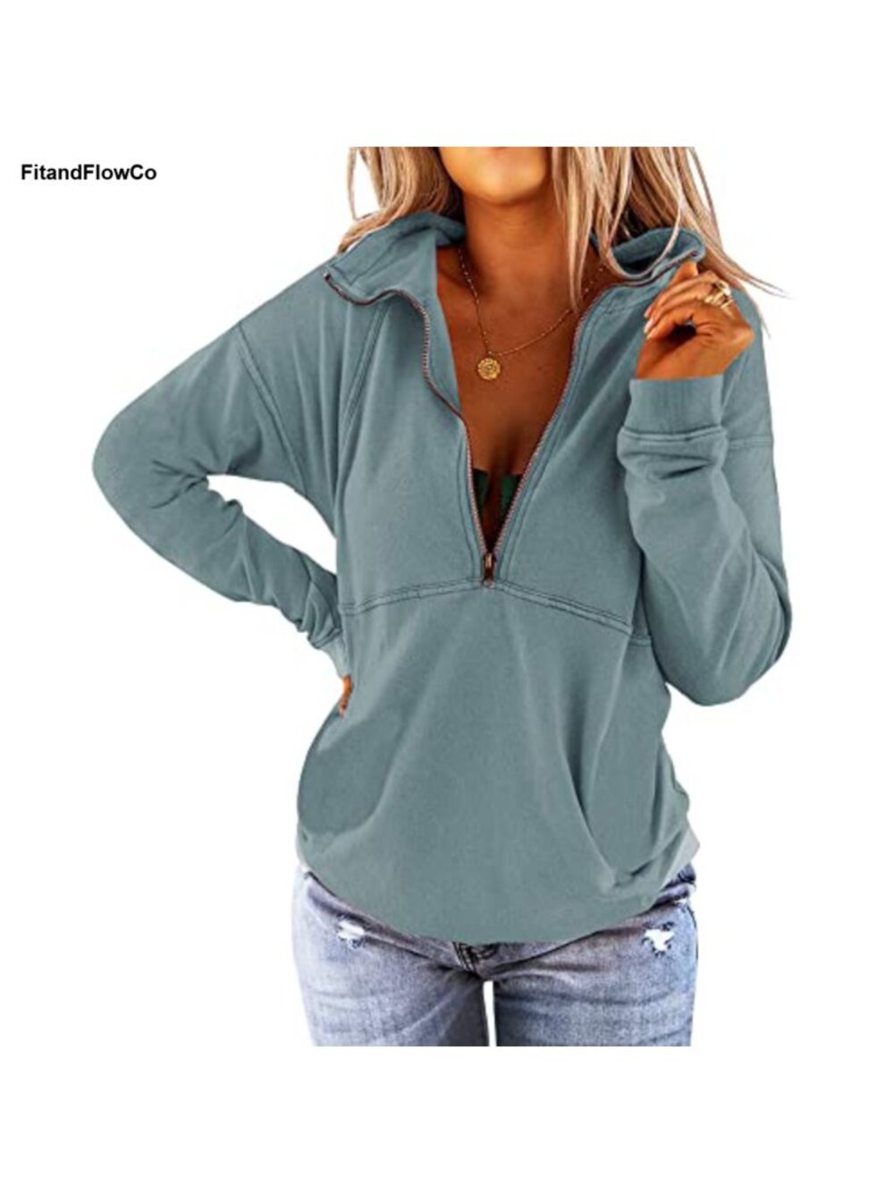 Women's Long Sleeve Half Zip Up Sweatshirt Relaxed Fit Casual Pullover Top